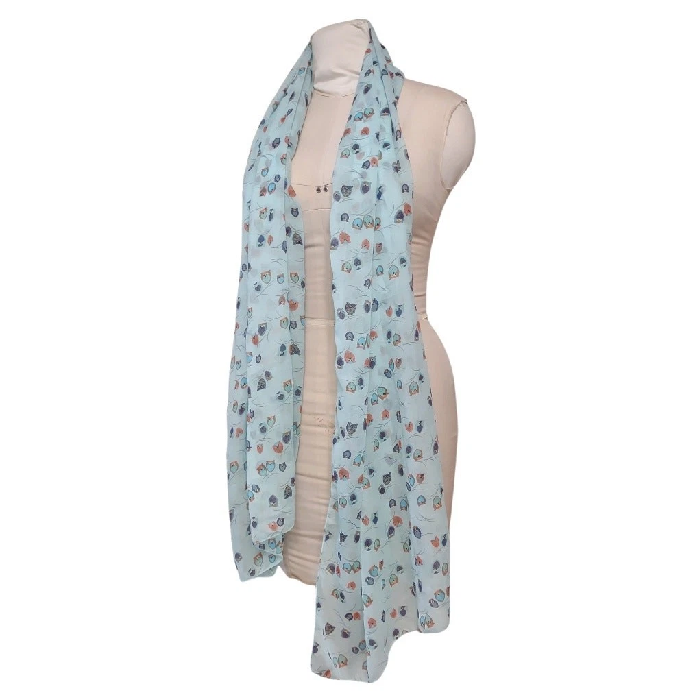 Japanese Silk Scarf Large Lite Turquoise Owl Wrap Lightweight Sheer Flowy Soft