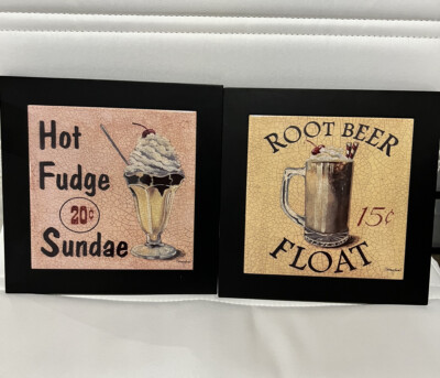 Framed Hot Fudge Sundae and Root Beer Float vintage style signs