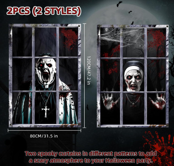 Halloween Scary Window / Curtain / Wall Decorations Priest & Nun  2 Pack