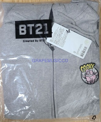 BTS BT21 NAVER OFFICIAL GOODS GRAY ARTWORK COOKY HOOD ZIP-UP M