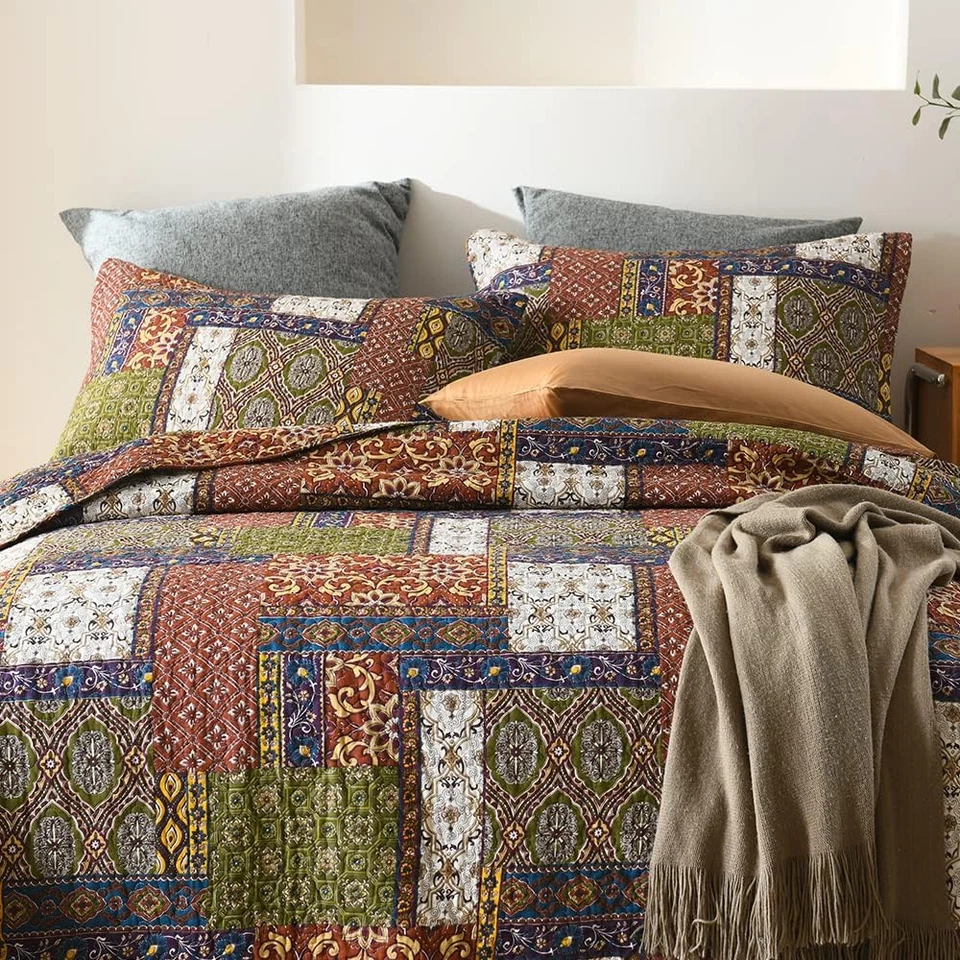 Cotton Bedspread Quilt Sets Reversible Coverlet Sets Comforters Vintage Bohemian - Image 2 of 4
