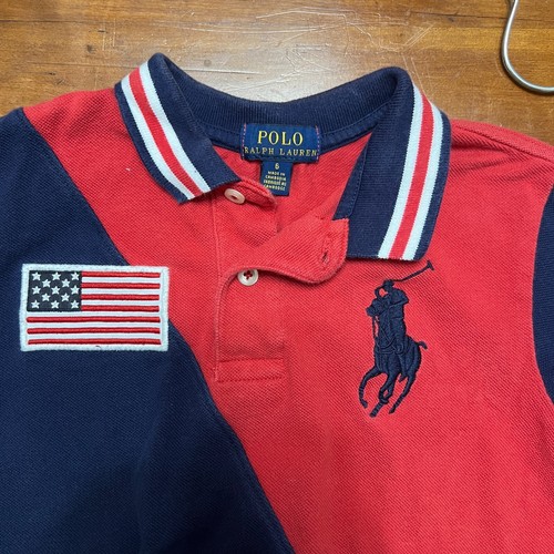 Polo Ralph Lauren Boys Polo Shirt USA Flag Polo Emblem Red Blue Collar Size 6 - Picture 2 of 4