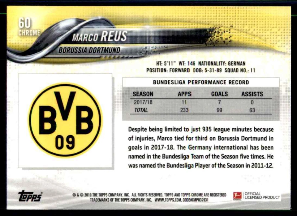 2018 Topps Chrome Bundesliga Marco Reus Borussia Dortmund #60 - Imagem 2 de 2