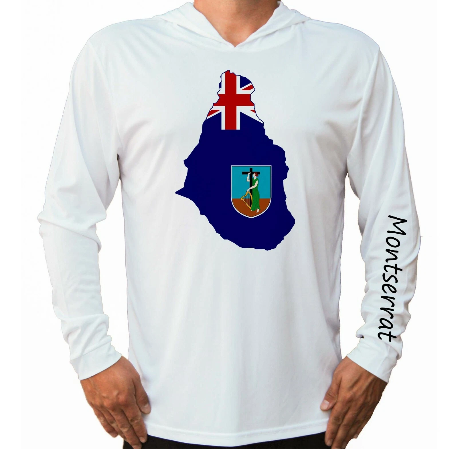 Montserrat Flag Map UV Protect UPF 50 Long Sleeve T-Shirt Hood Fishing