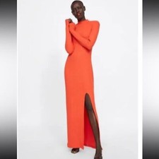 Zara Women Ribbed Dress with Slit Orange Maxi Long Size S