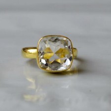 Cushion Rock Crystal Gemstone Sterling Silver Yellow Gold Plated Gift Ring