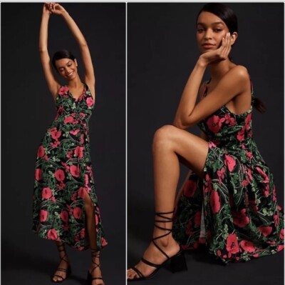 anthropologie maeve black floral dress Anthropologie Maeve Side Slit Midi Dress Black Floral Motif SZ 2 Petite $168 New