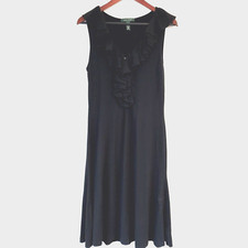 Lauren Ralph Lauren  Sleeveless Fit Flare Midi Dress M Black Ruffle Cotton Blend