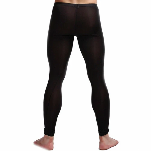 Men Sexy Ice Silk Leggings Sheer See-through Slim Tight Long Johns Trousers - Picture 5 of 33
