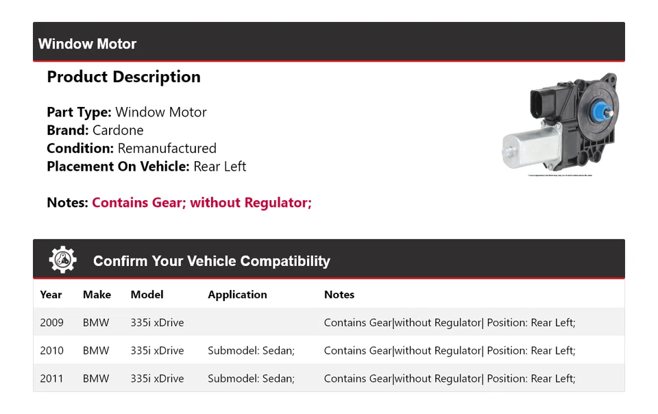 Motor ventana trasera izquierda cardone 2010 bmw 335i xDrive 2009-2011 Foto 2 de 4