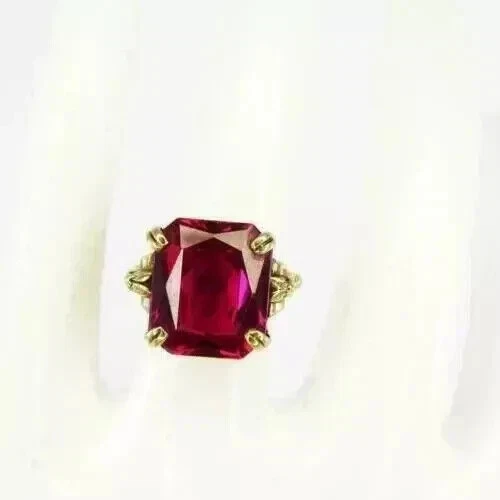 3Ct Emerald Cut Lab Created Ruby Solitaire Women's Ring 14k Yellow Gold Plated - Image 3 of 4