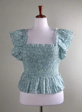 ANTHROPOLOGIE $175 Love the Label Smocked Ruffle Square Neck Top Size XL