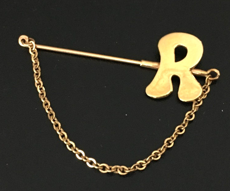1.5g Vtg Brooch Pin MARKED H 14k SOLID YELLOW GOLD Letter R Chain Jewelry lot y