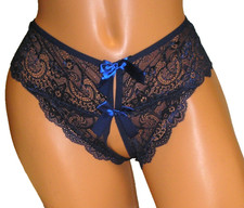Panties Lingerie Bow Front  Back Dark Blue Lace Crotchless, 0XL Adult Gift
