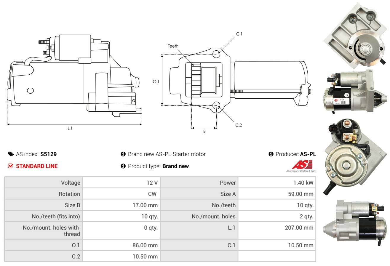 Fits AS ROZRUSZNIKI I ALTERNATORY S5129 BRAND NEW AS-PL STARTER MOTOR