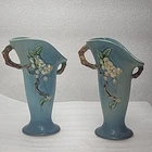 (2) ROSEVILLE U.S.A # 382-7 APPLE BLOSSOM VASES AQUA BLUE (one has repair)