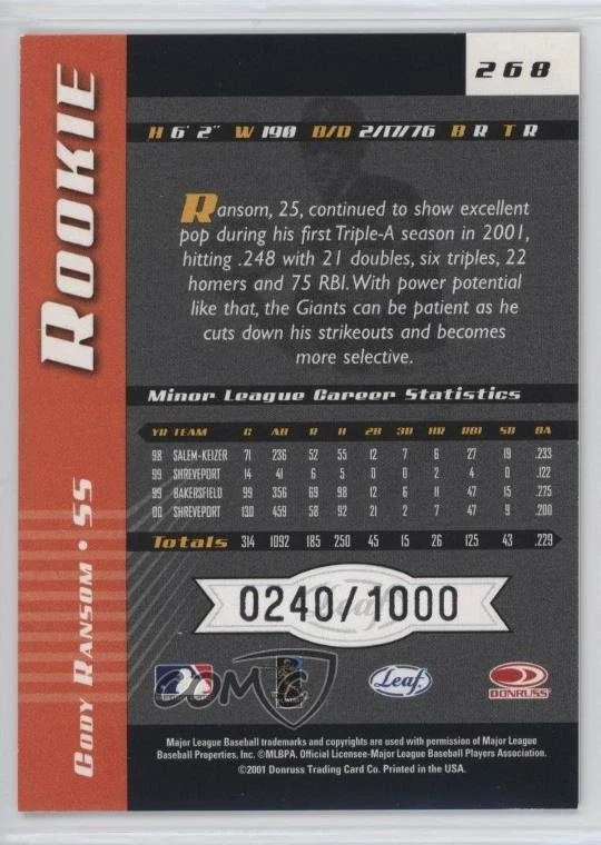 2001 Leaf Limited Rookie /1000 Cody Ransom #268 Rookie RC - Image 2 of 2