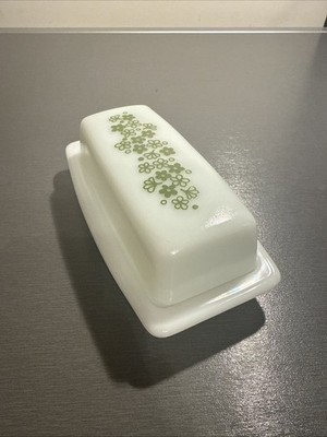 VTG PYREX COMPATIBLES BUTTER DISH W/LID 'CRAZY DAISY/SPRING BLOSSOM GREEN' 72-B