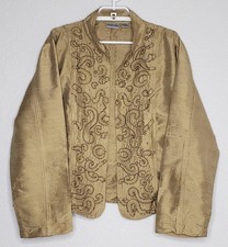 Chico's Open Front Jacket Blazer Size 3 Gold Silk Embroidery Beaded Long Sleeve