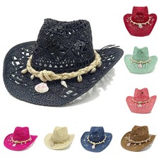 Boho Straw Cowgirl Hat Western Beach Summer Shell Hollow Visor Women Men Holiday