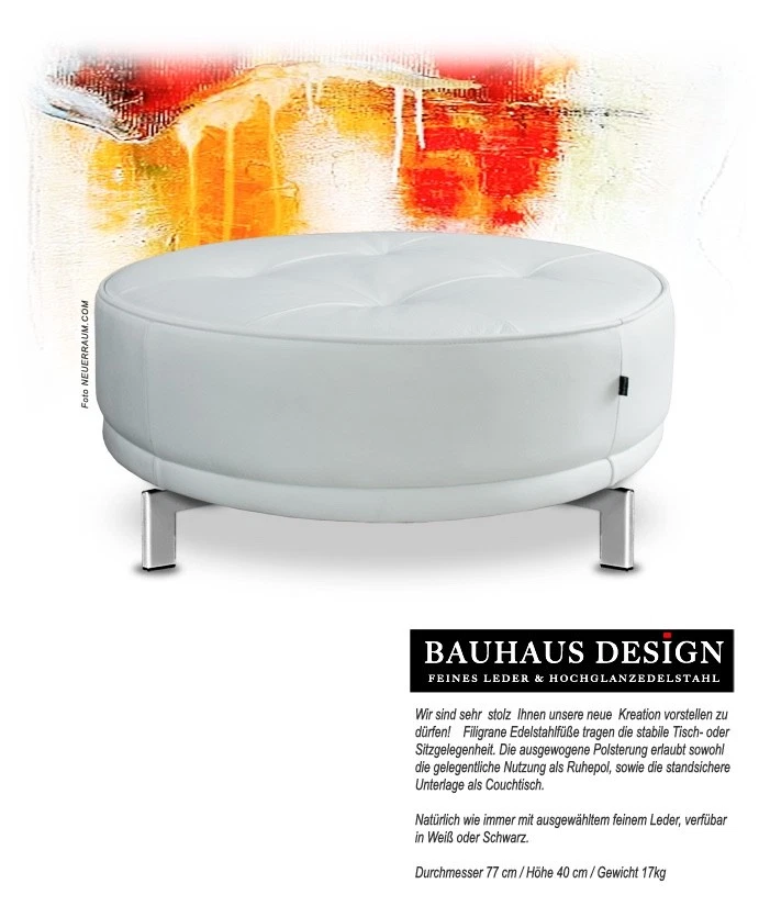 Großer runder Leder Pouf echtes Leder Weiß oder Schwarz ø 77 cm Edelstahlfuß - Bild 4 von 4