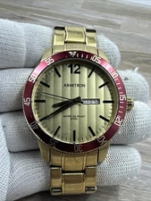ARMITRON Watch 20/5420GP Gold Plated Red Bezel Gold Dial Day Date 43MM SML WRIST