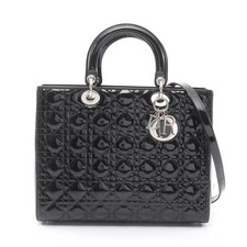Christian Dior Dior Large Cannage Handbag Enamel Leather Black 2-Way #RC1715