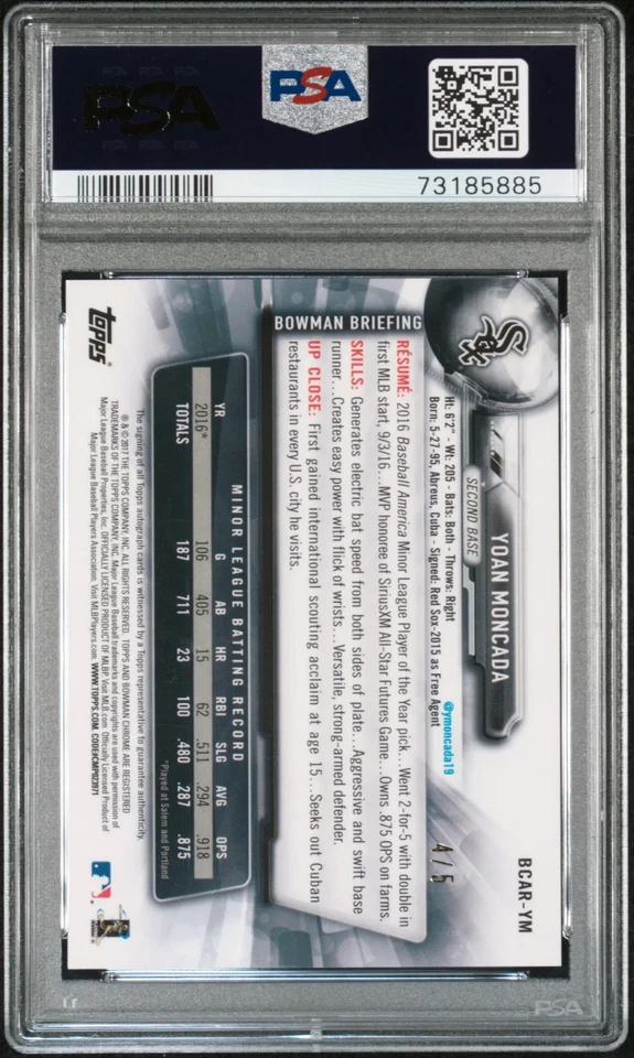 Yoan Moncada 2017 Bowman cromo novato refractor rojo automático/5 PSA 9 White Sox Foto 2 de 2