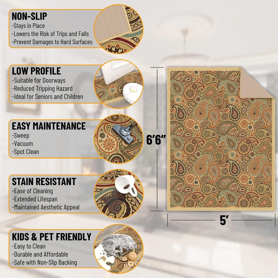 5' x 6'6" Rugs for Living Room Paisley Area Rug for Bedroom - Non Slip Durabl... - Image 2 of 4