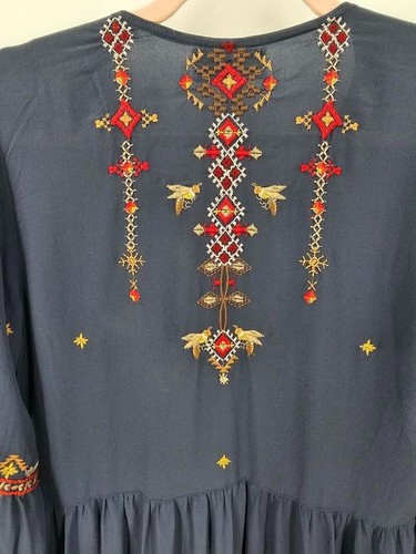 JOHNNY WAS Workshop Atzia Paris Blue Embroidered Dress XS Boho Peasant - Picture 5 of 10