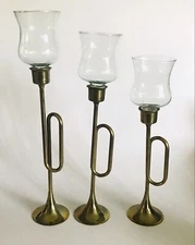 Vtg Brass Trumpet Bugle Horn Taper Votive Tea Light Candle Holder Set Of 3
