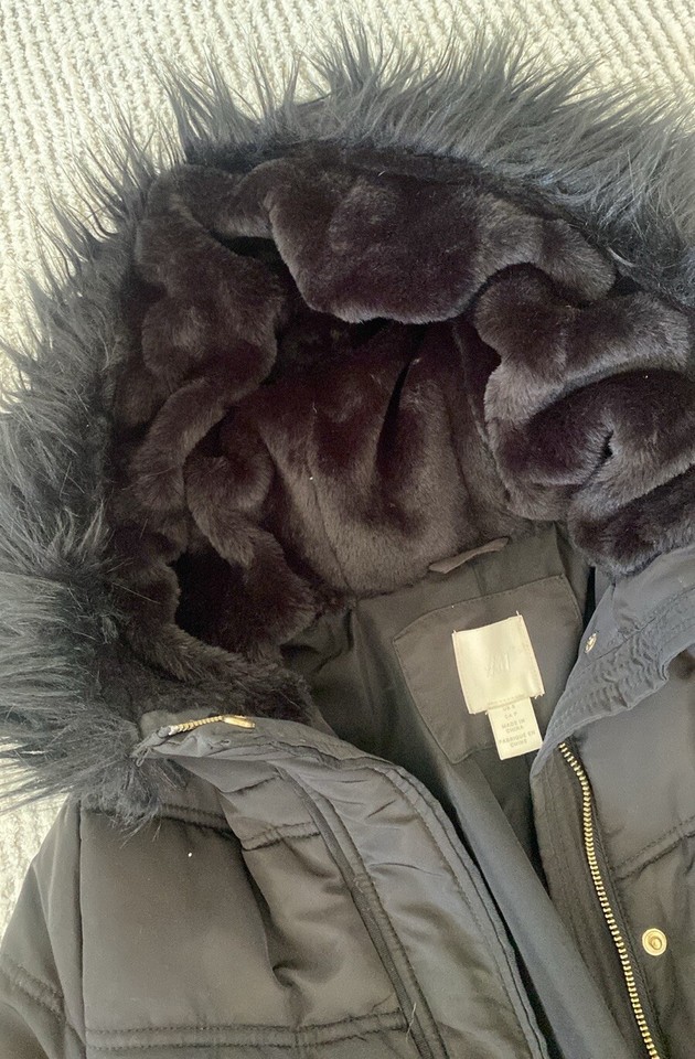 H&M Parka Puffer Jacket Women's Black Faux Fur Lined Hood Pockets