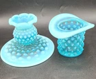Fenton Blue Opalescent Hobnail Blown Glass Top Hat & Candle Holder Vintage Nice!