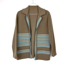 Vintage 60s Union Made Green Blue Striped Open Cardigan Chest 40"