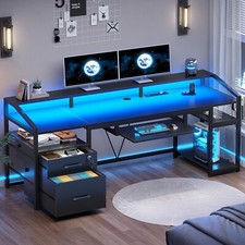 63" Computer Desk with LED Lights  Power Outlet, Home Office Desk with Storage