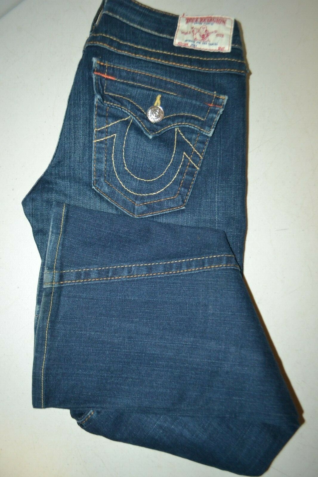 True Religion Women's Joey Bootcut Thick Stitch U Blue Denim Jeans Sz 28x30