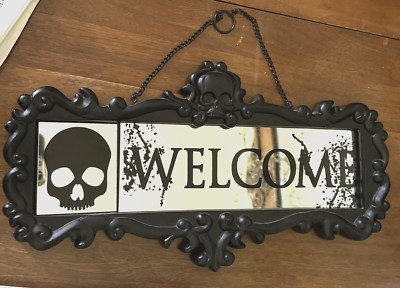 Gothic ''Un-Welcome'' Skull Mirror - Halloween Black Hanging Wall Decor Sign 13''