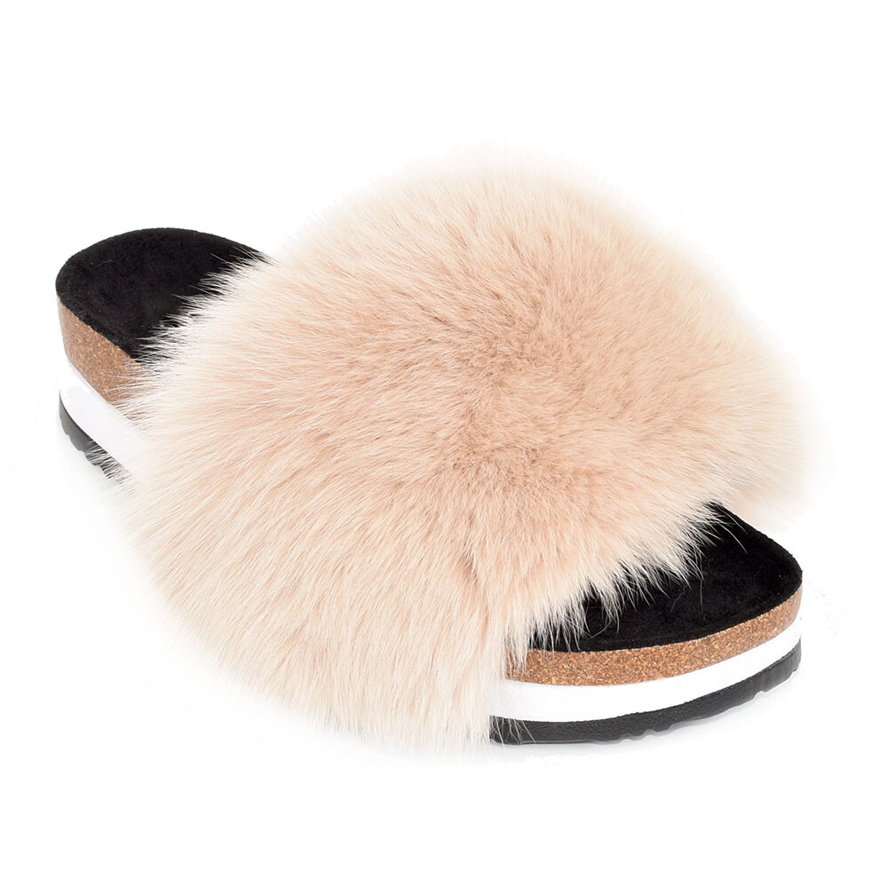 SAOLA Platform Slides with Beige Fox Fur High Sole Slippers With Fur Slip On Sandals