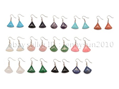 Natural Gemstone Fan Shape Reiki Chakra Pendant Charms Silver Hook Earrings