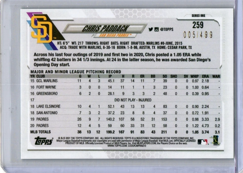 Topps Chris Paddack /499 - Image 2 of 2