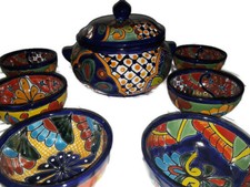 Juego de 7 piezas de cerámica mexicana Talavera, 6 cuencos de sopa, 1 olla grande para servir México