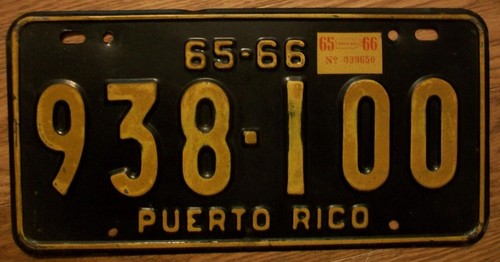 SINGLE PUERTO RICO LICENSE PLATE - 1965/66 - 938-100