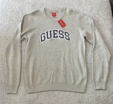 GUESS Los Angeles Mens Crew Neck Sweater Grey College Logo Light Heather L NWT