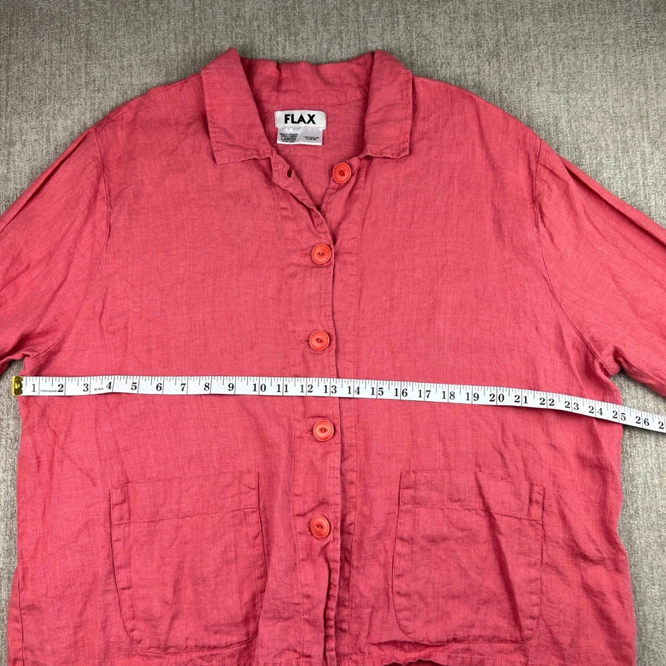 FLAX 100% Linen Button Front Coral Pink Shirt Top Women's Large Front Pockets - Image 3 of 4