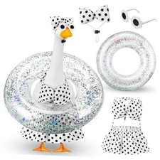Bikini Porch Goose Outfits with Sunglasses and Swimming Tube Black Polka Dots