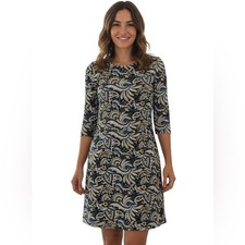 J. McLaughlin Navy Gold 3/4 Sleeve Careerwear Casual Cottage Crewneck Dress M