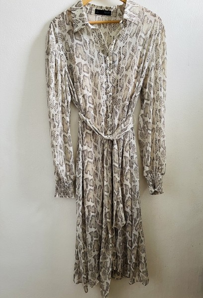 BWLDR Snake Print Midi Dress Sz 14 AU Belted Long Sleeve Shirt Dress Lined