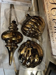 3 GIANT Jumbo Christmas ORNAMENTS 10” GOLD Holiday Set Shatterproof
