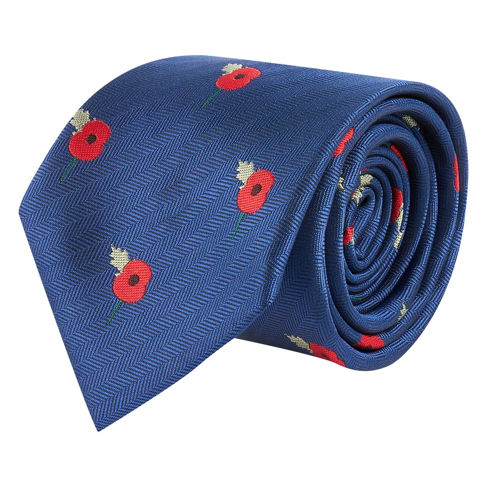 KING & PRIORY Poppy Navy Blue Herringbone Embroidered Tie