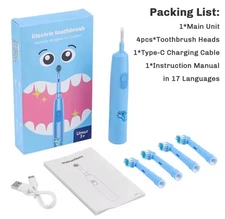 Kids Electric Toothbrush Rechargeable with 4 Brush Heads 3 Modes, 2-Minute Timer